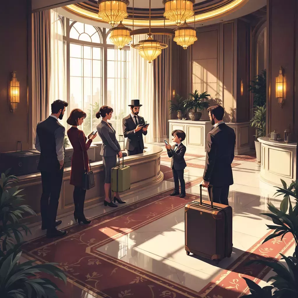 A posh hotel lobby with guests checking in and a bellhop carrying luggage. In the corner, a mysterious guest is seen fiddling with a small device.