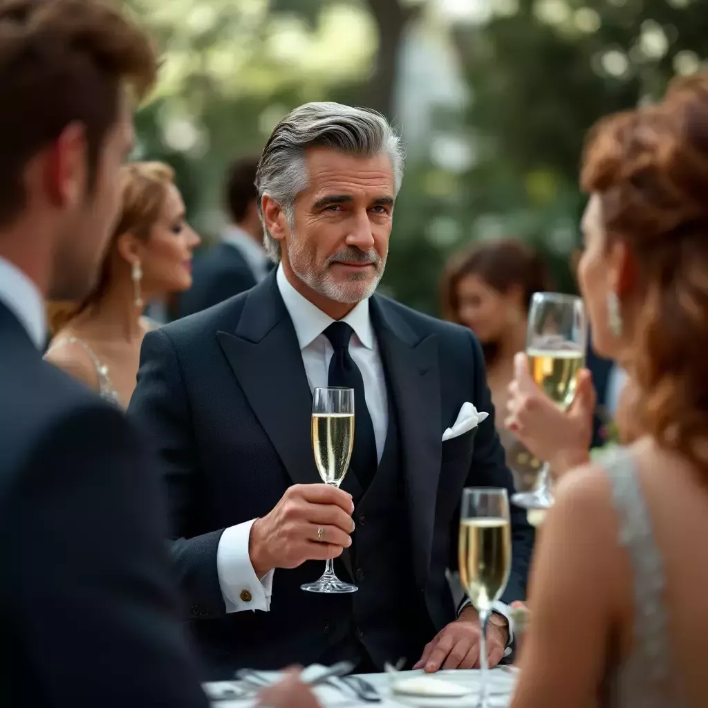 A lavish garden party at a mansion. A rich man with slicked-back hair in a tailored suit is sipping champagne, surrounded by elegant guests.