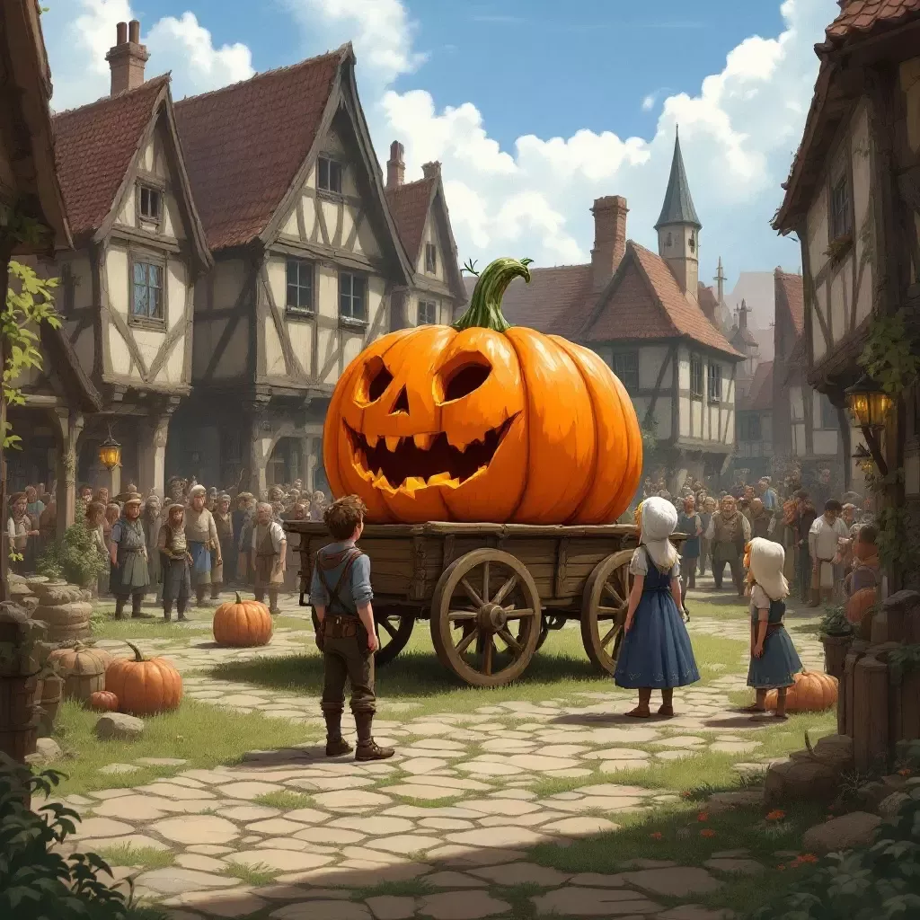 A medieval village square bustling with peasants, with a large pumpkin sitting on a wooden cart in the center. Two villagers, Henry and Matilda, are staring at the pumpkin, bewildered.