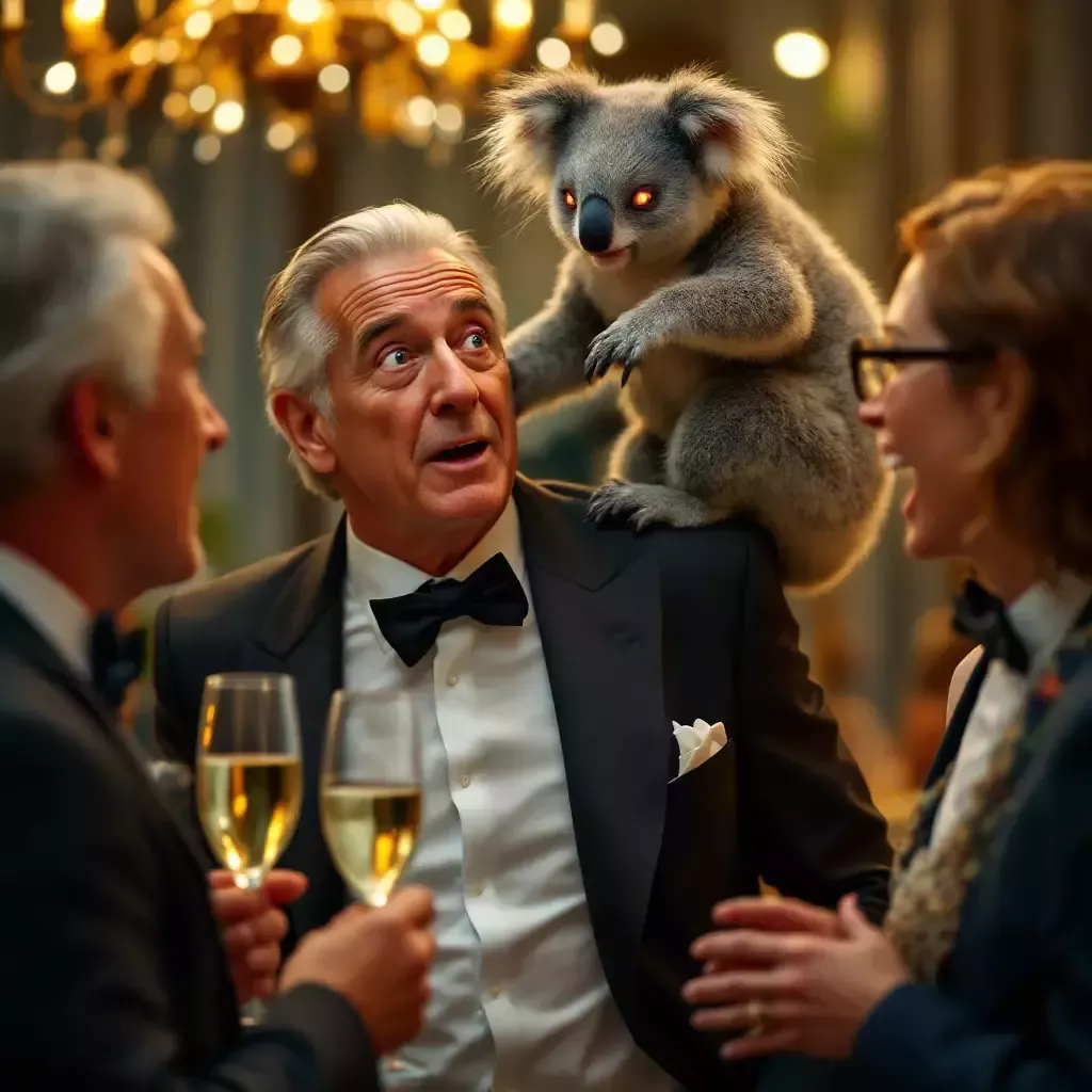 The mutant koala leaps onto the rich man's shoulder, startling him. Guests gasp in shock.