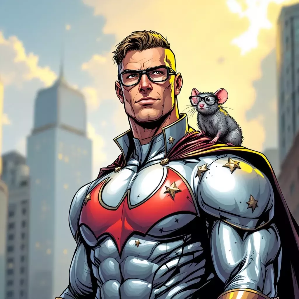 In the final frame, Captain Jared is dressed in a new superhero costume featuring rat-themed decorations. The Rat with Glasses poses proudly by his side.