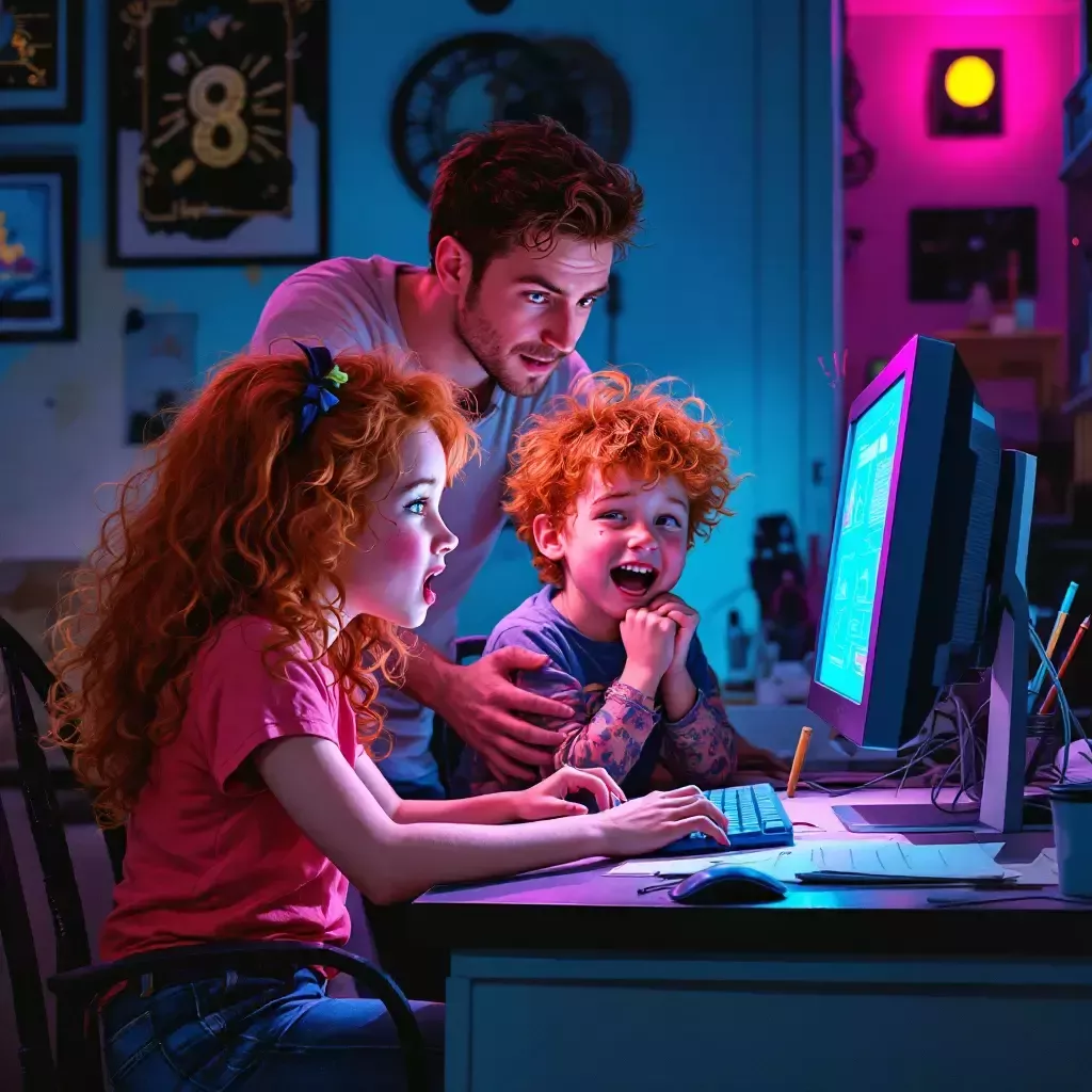 Carrie tries to look innocent, but bursts into laughter as her older brohter Chris looks at the computer screen in disbelief.