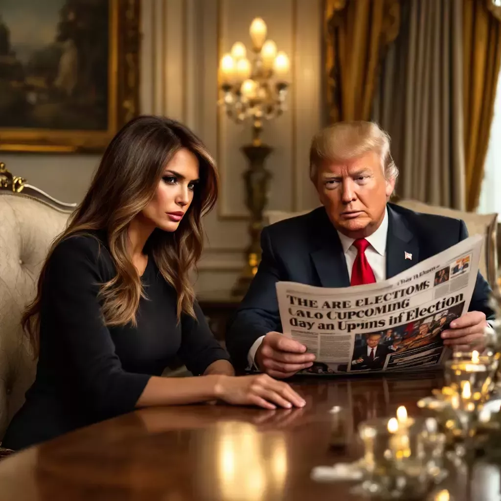 Melania Trump is sitting at a luxurious dining table, looking exasperated. Donald Trump is across from her, holding a newspaper with a headline about the upcoming election.