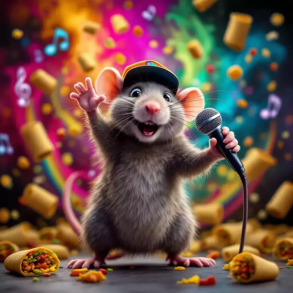 Back to Rap Rat, who is now striking a pose with one paw raised and the other holding the microphone, ready to perform. The background is a colorful swirl of musical notes and burritos.