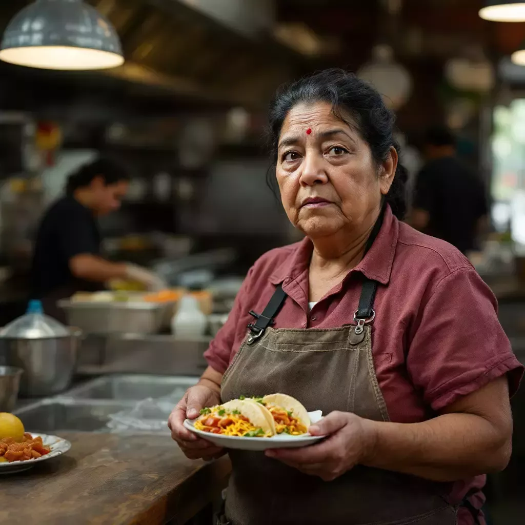 Raymunda Ramirez stands in the bustling kitchen of El Faro, holding a taco with a forlorn expression. Behind her, a few staff members are busy cooking.