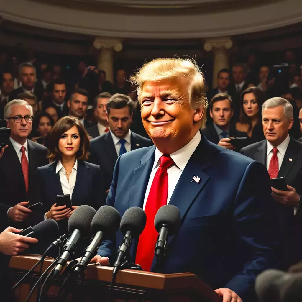 A bustling presidential press conference room filled with reporters, microphones, and cameras. Donald Trump, wearing a sharp navy blue suit and a red tie, stands at the podium with a mischievous grin.