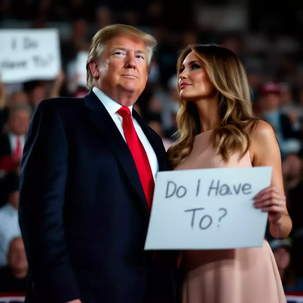 Donald and Melania are at a campaign rally. Melania is holding a sign that reads, "Do I Have To?" Trump is not holding the sign. The crowd is cheering.