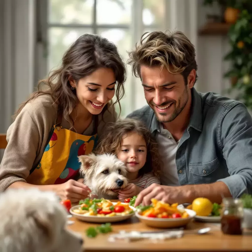 The family uncomfortably smiles while Lena girl descreetly gives her food to the scruffy white dog under the table.