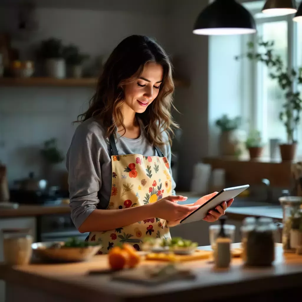 Mom standing in the kitchen, looking at her tablet with a puzzled expression. The kitchen is in slight disarray, with empty ingredient containers scattered around.