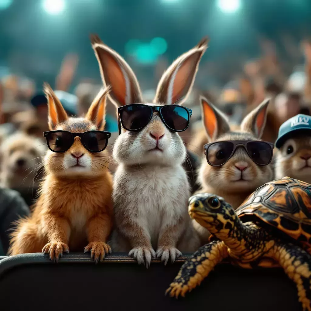 A close-up of the audience, a mix of animals including a squirrel with sunglasses, a rabbit with big ears, and a turtle with a baseball cap.