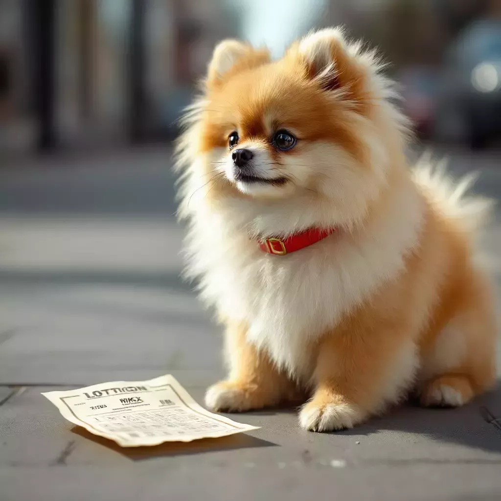 A fluffy Pomeranian, Max, with a small red collar, sits on the sidewalk next to a wrinkled lottery ticket. The ticket is slightly chewed at the edges.