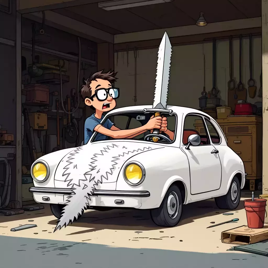 Stan is in a garage.  His little white mini cooper has saw blades attached to the doors and roof, and he is mounting a large jousting sword to the front of the car.