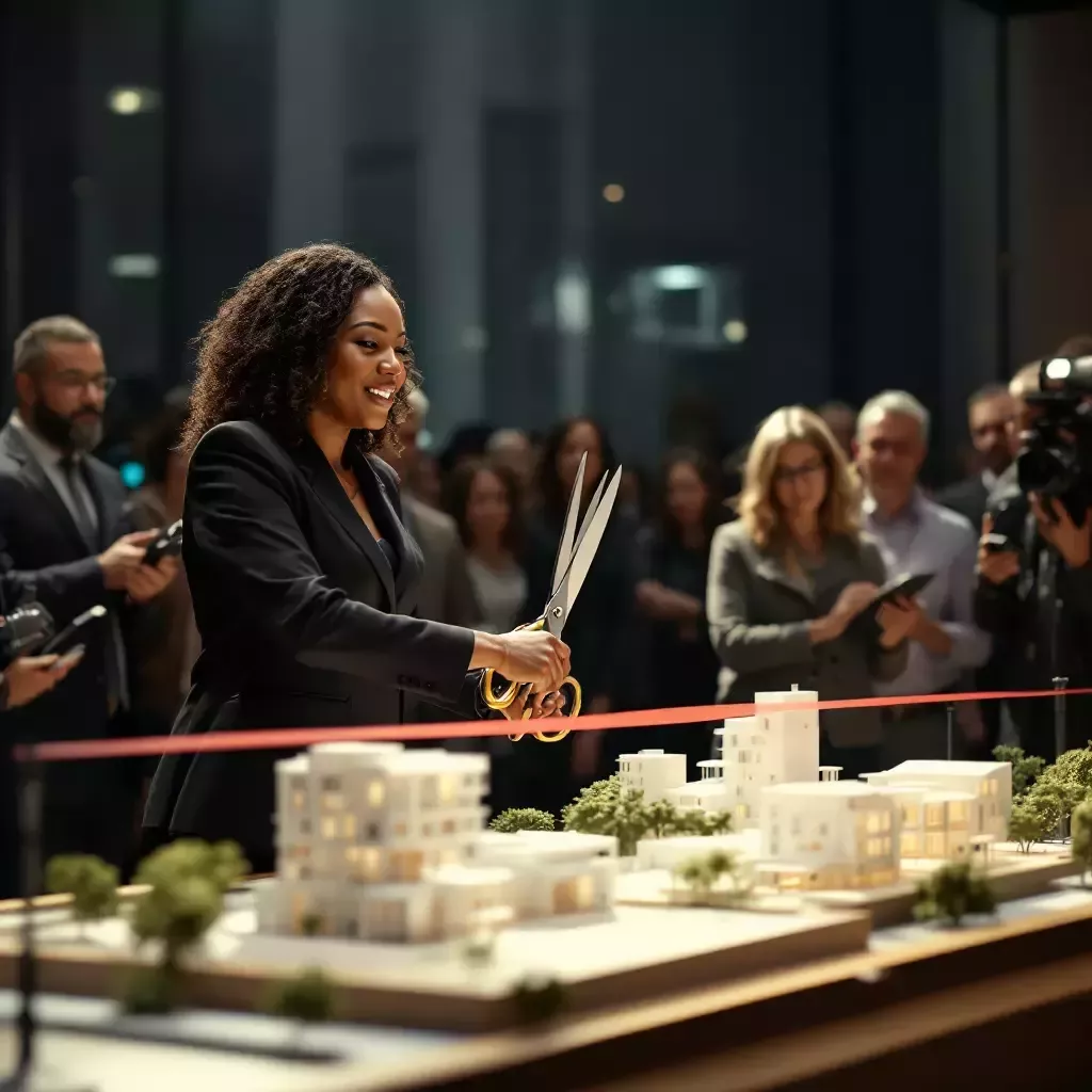 A crowd of reporters and citizens gather, watching as Mayor Breed cuts a ribbon on the stage with oversized scissors. The backdrop is a fancy model of a futuristic housing complex.