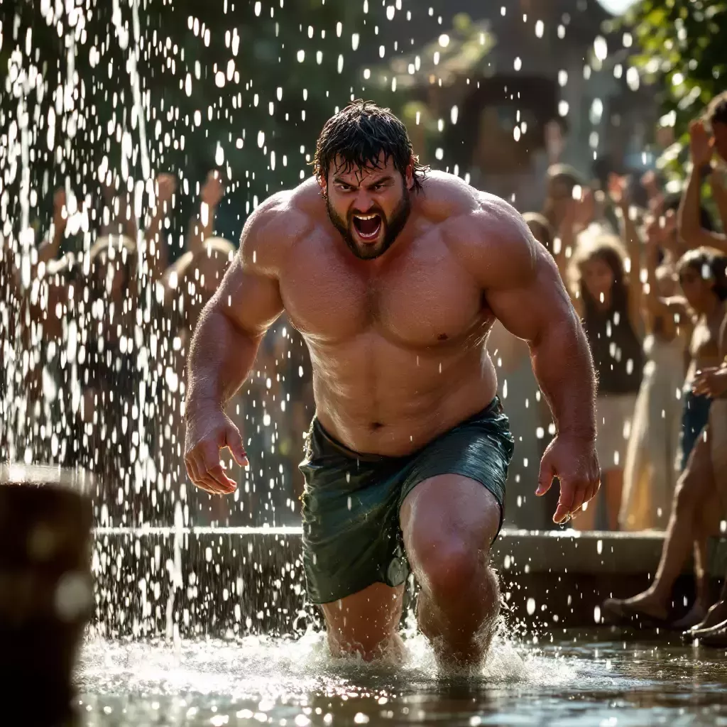 Duncan emerges from the fountain, drenched and sparkling clean. Villagers cheer in the background.