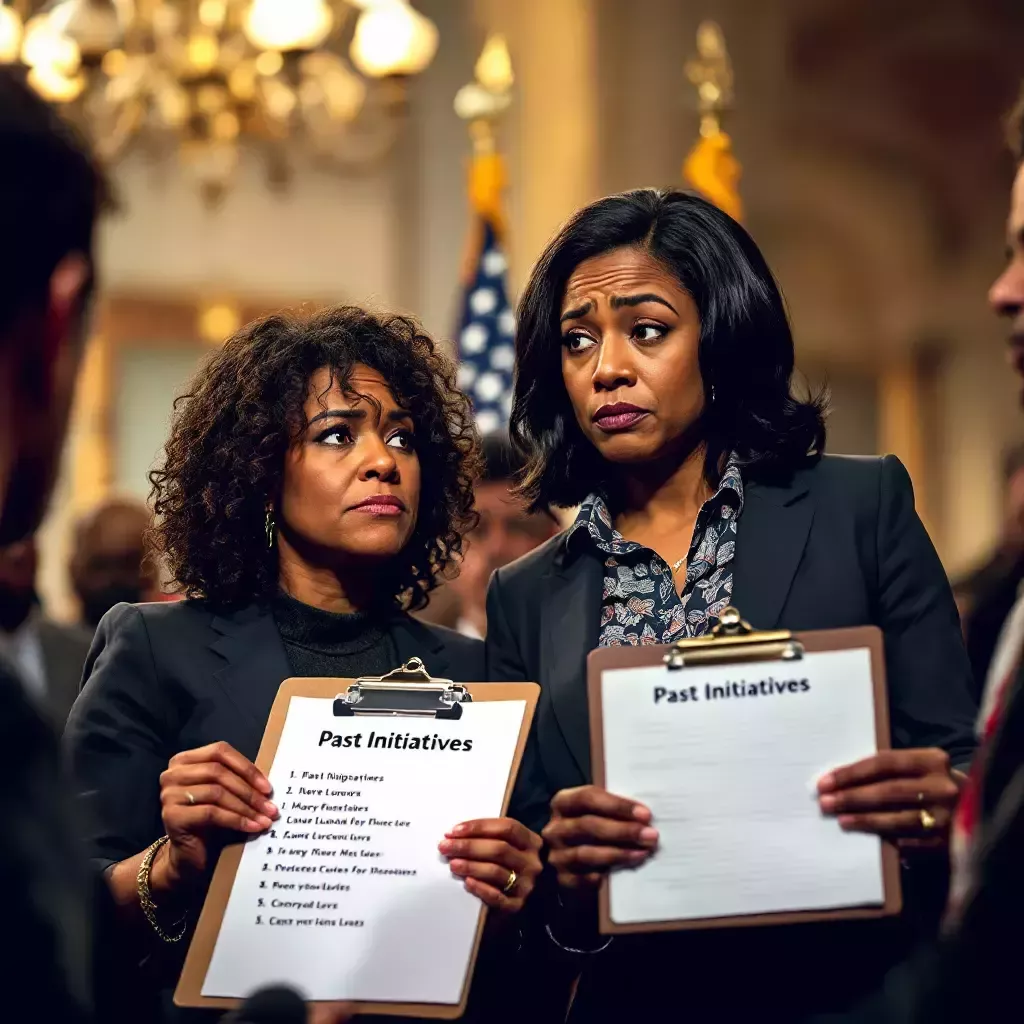 At a press conference, a skeptical reporter raises an eyebrow, holding a clipboard with a list titled "Past Initiatives." Mayor Breed is sweating slightly under the camera lights.