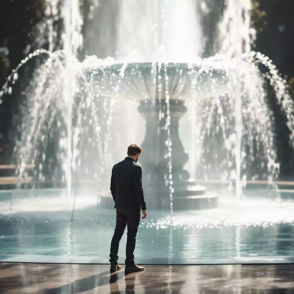 Duncan stands next to a large, sparkling fountain. He is hesitant, looking at his reflection in the water.