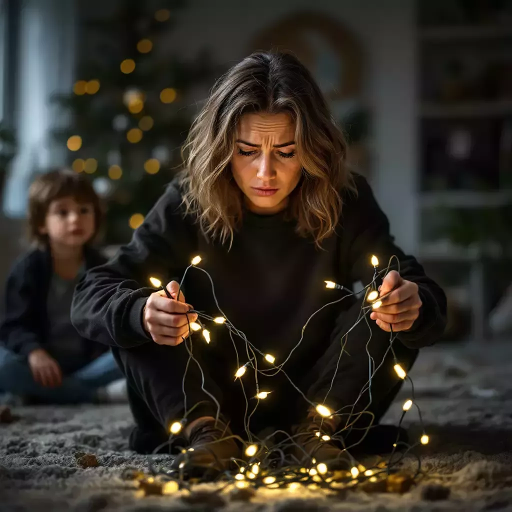 The mother, now frazzled and exhausted, holding a tangled string of lights, gives the children a tired look.