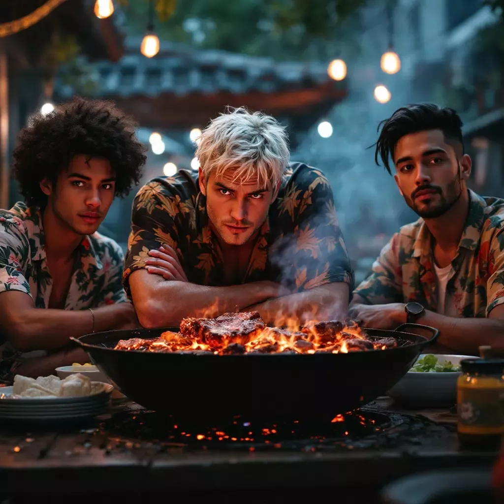 The gang is seated around a Korean BBQ grill. Owen leans over the grill, staring intently at the sizzling meat.