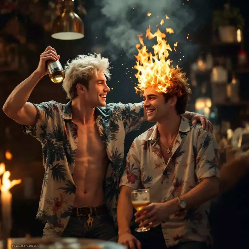 Ziggy rushes in with a bottle of soju, pouring it over Owen's flaming hair. Flames grow bigger.