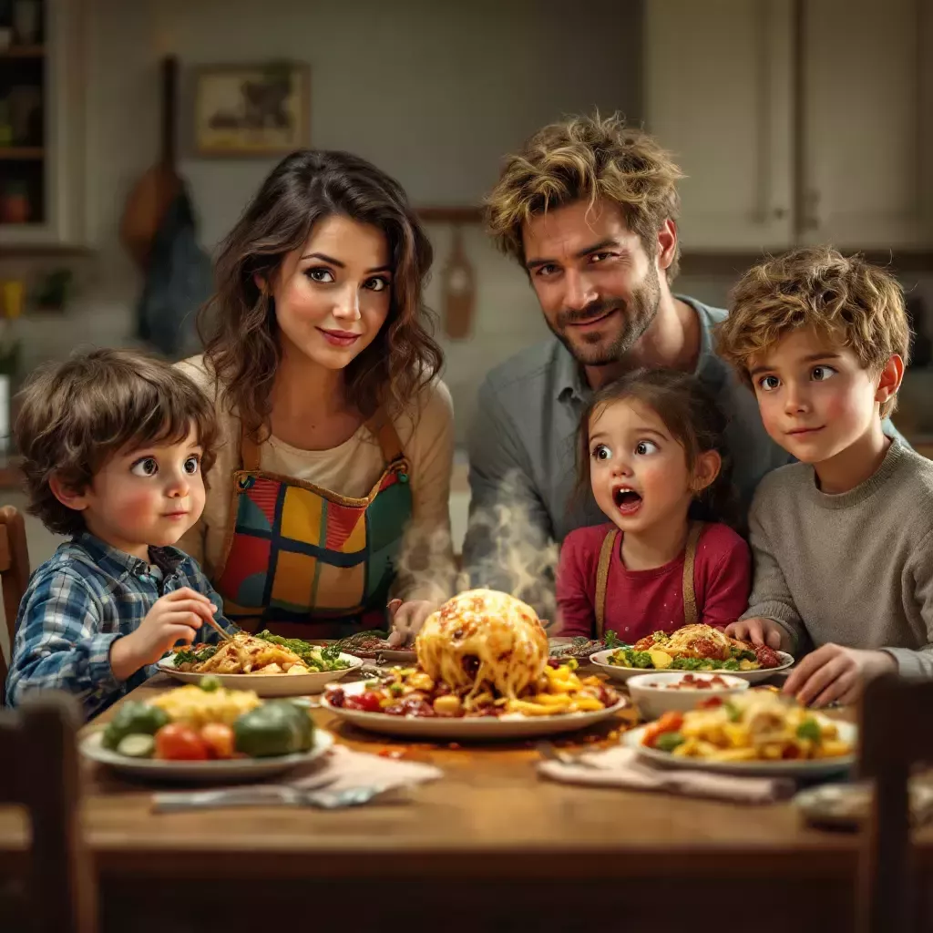 The family (boy, girl, and 2 parents) looking quesy sitting at the dinner table.  There are plates of gross-looking food with strange large objects mixed in.