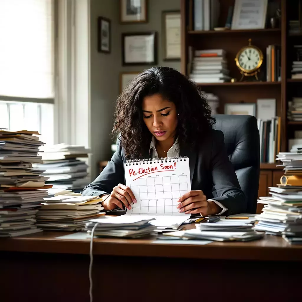 Mayor London Breed is sitting at her desk, surrounded by stacks of papers and an overflowing inbox. She looks stressed and tired as she glances at a calendar with "Re-election Soon!" circled in red.