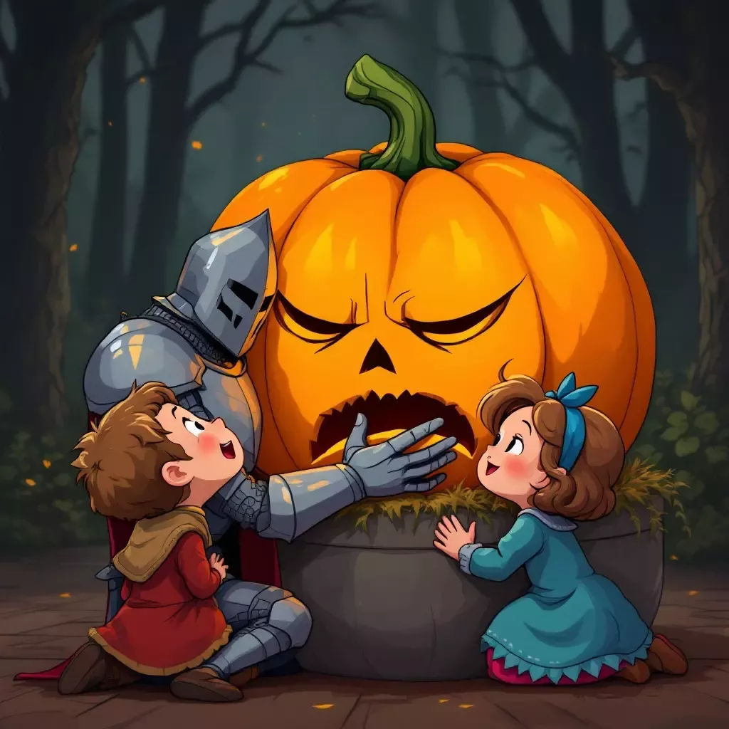 The pumpkin sighs, deflating slightly. The knight pats it sympathetically while Henry and Matilda chuckle.