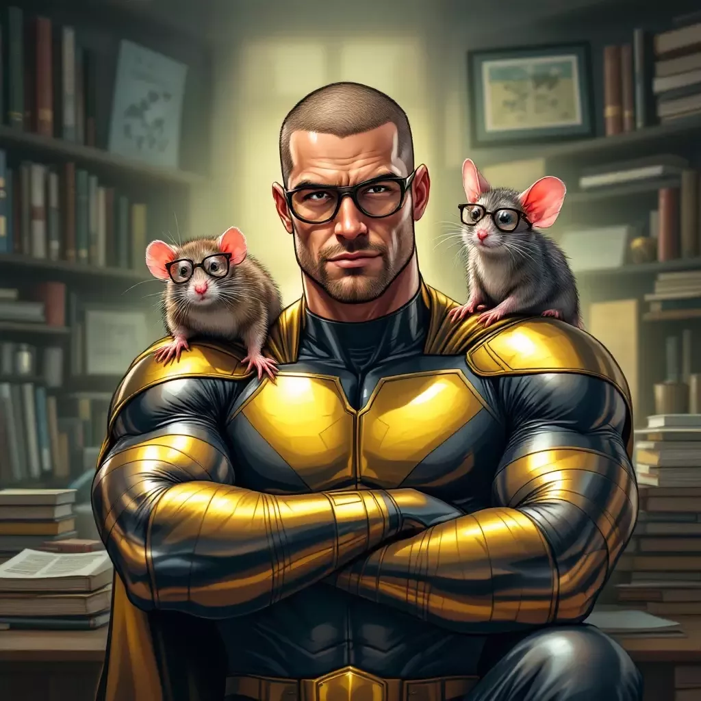 Back at his superhero headquarters, Captain Jared is surrounded by various animal welfare books. The Rat with Glasses sits on his shoulder.