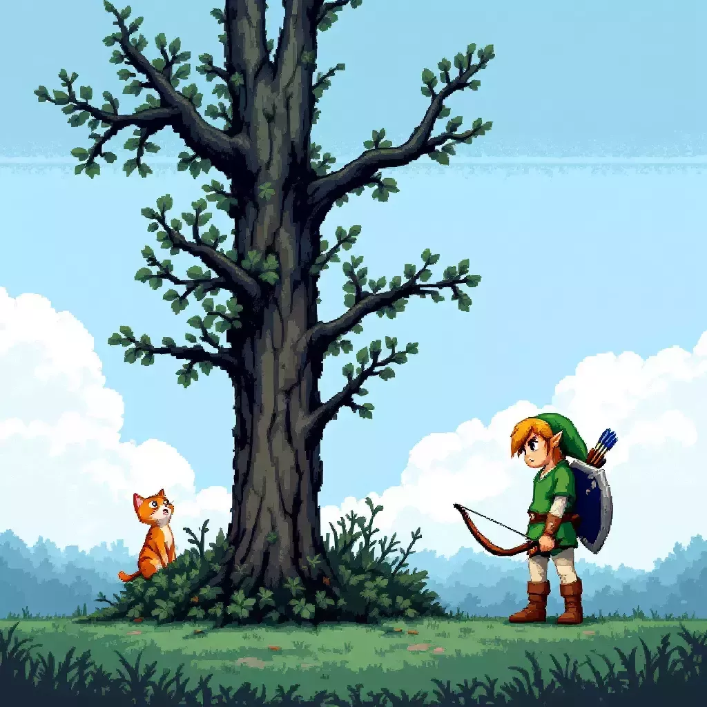 Link, looking guilty, holds a bow and an arrow. A startled cat with wide eyes is perched on a tree branch above him, an arrow lodged in the bark nearby.