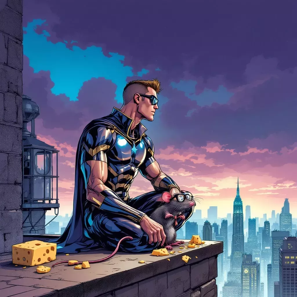 Captain Jared is seated on the edge of a rooftop, staring out over the city. A small rat with glasses sits next to him, nibbling on cheese.