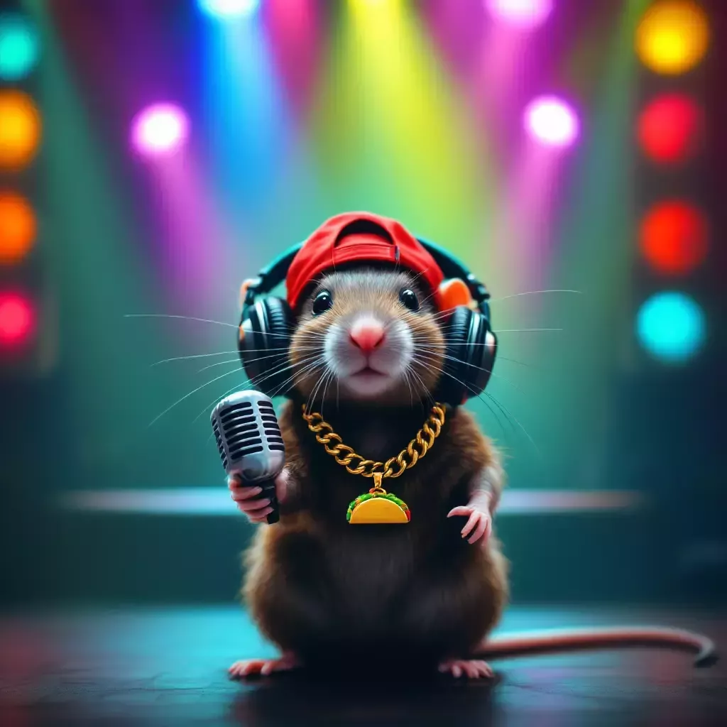 A small stage with colorful lights. In the center is a confident rat wearing a red cap backwards, oversized headphones, and a gold chain with a burrito pendant. The rat is holding a tiny microphone in its paw and looks ready to rap.