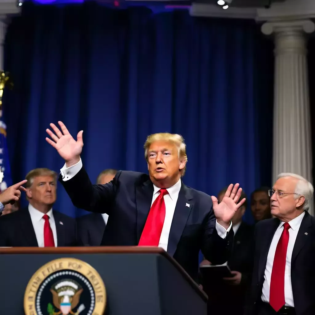 Trump steps away from the podium, raising his hands as if about to start a dance routine. Reporters look around in surprise, some with cameras ready.