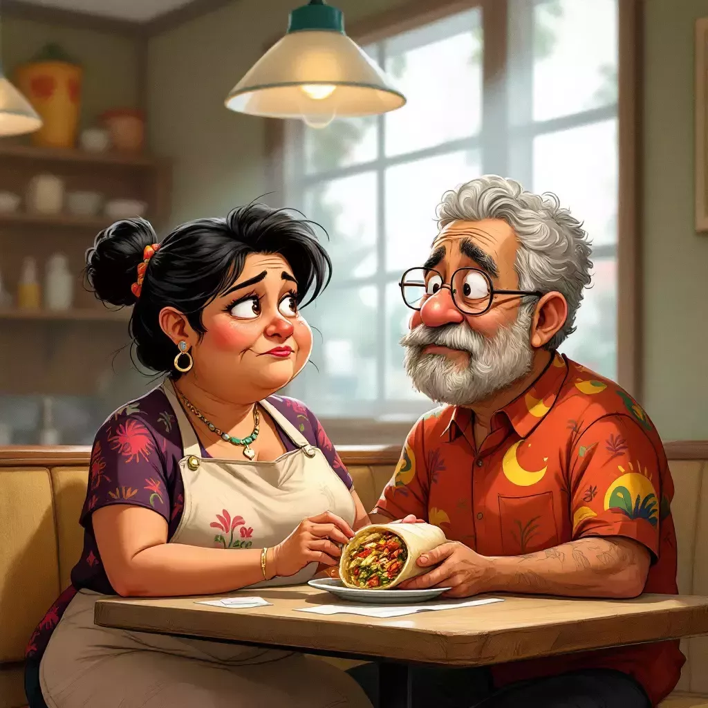 Raymunda and her friend, a hopeful character named Pepe, are sitting at a table in the dining area of the taqueria. Pepe is holding a burrito. Raymunda looks worried.