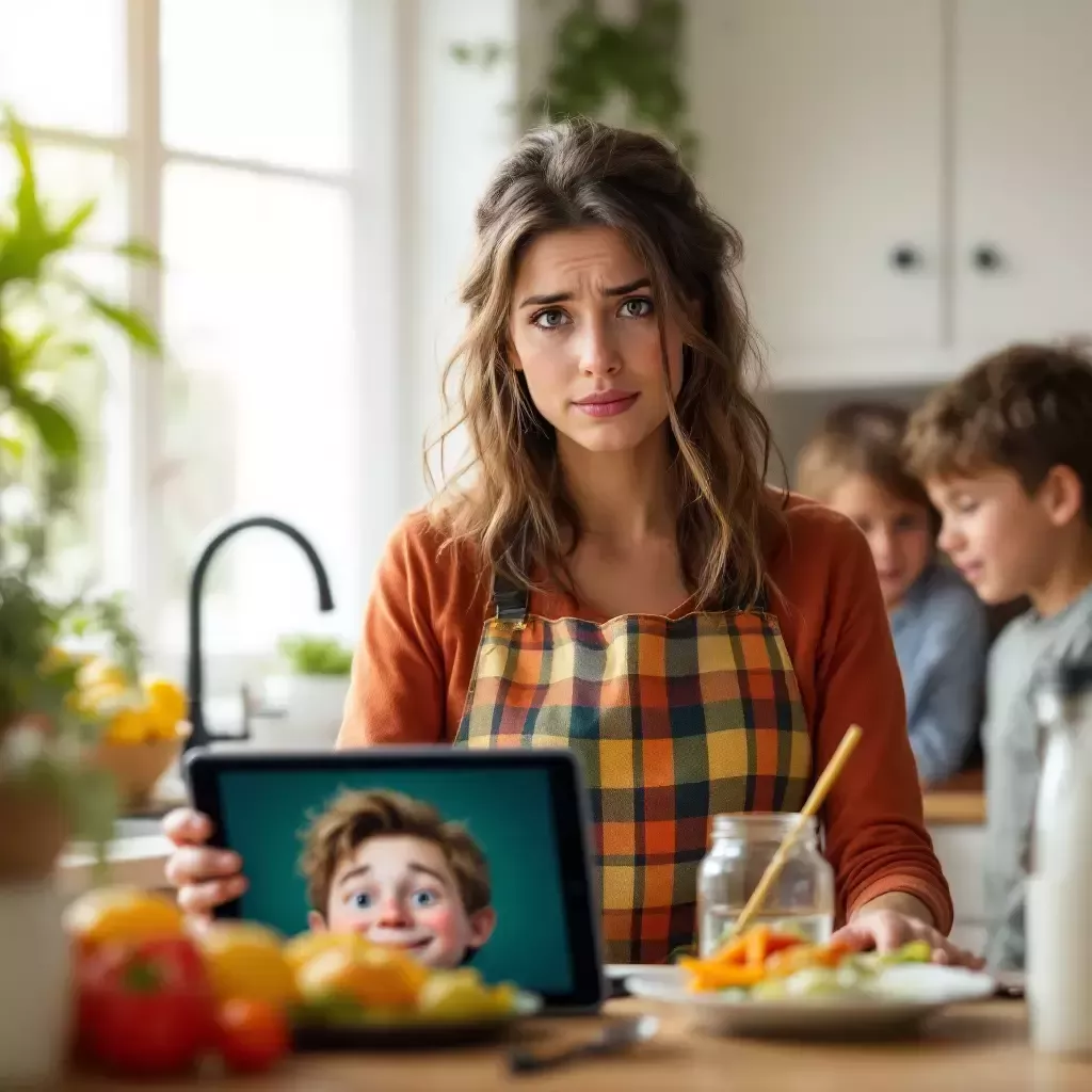 Mom looking even more confused as AI suggests more strange substitutions. The family peeks into the kitchen, curious but wary.