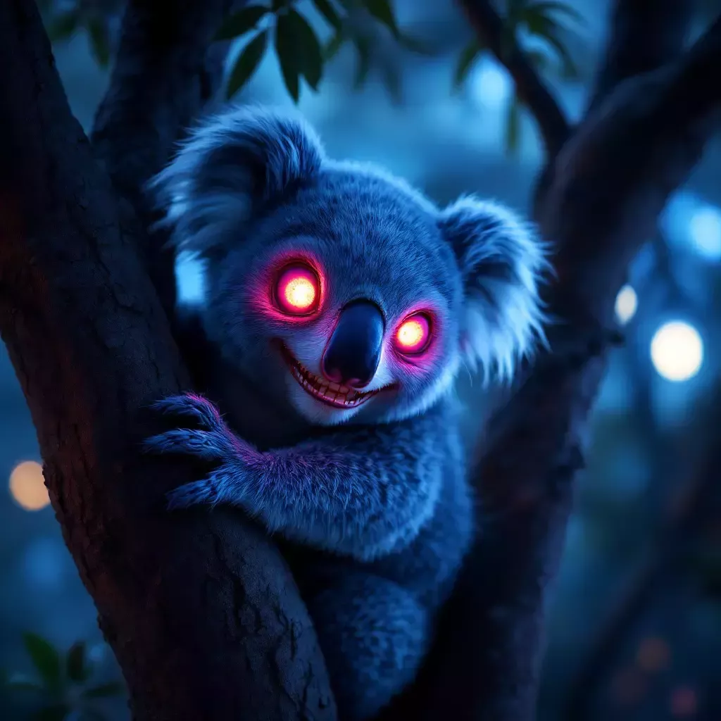 A mutant koala with glowing eyes and a mischievous grin is seen hanging from a tree, spying on the party.