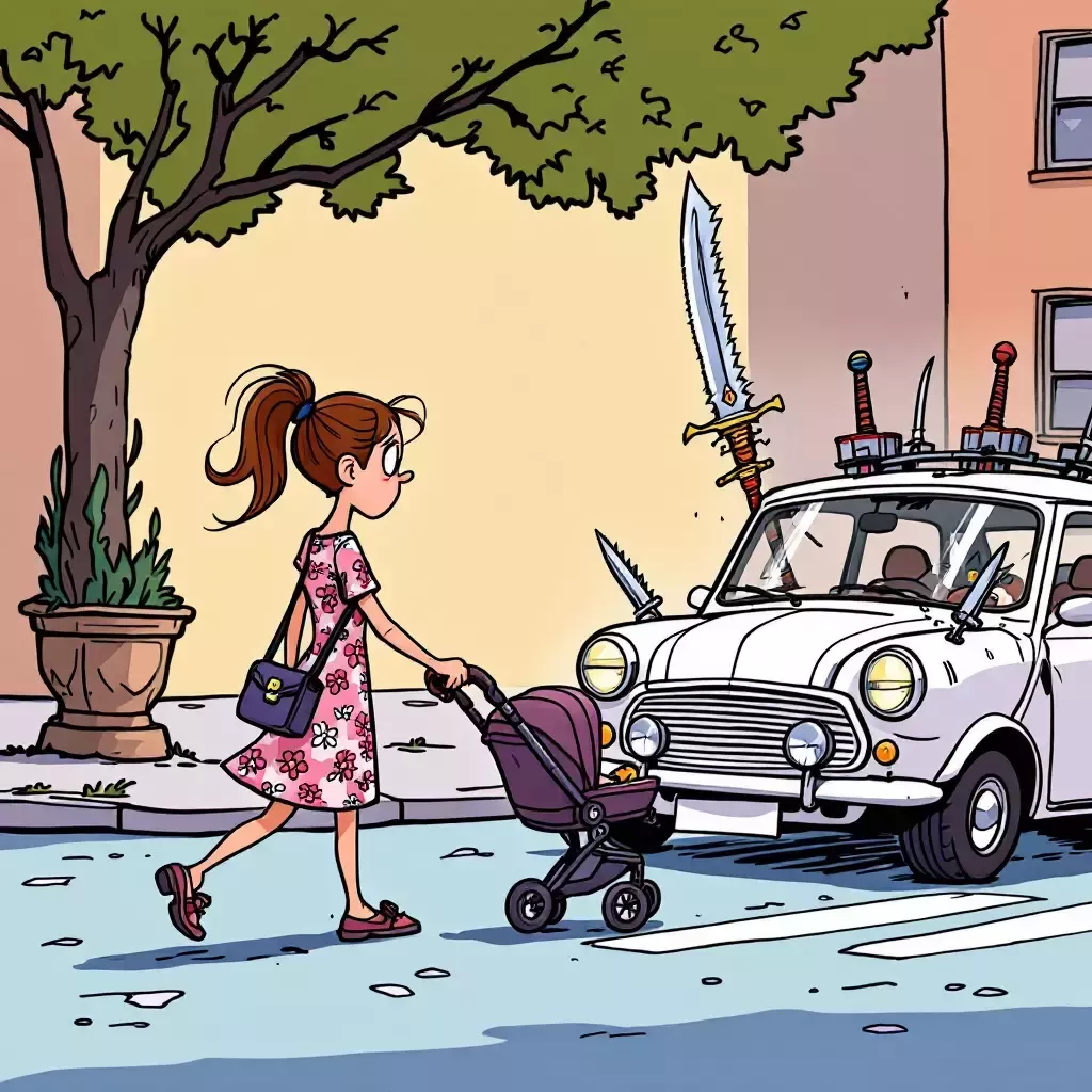 A concerned lady pushing a stroller with her hair pulled back in a pony tail, is about to cross the street in front of the white mini cooper, now with saw blades attached to the doors and roof and a large joisting sword mounted in front.