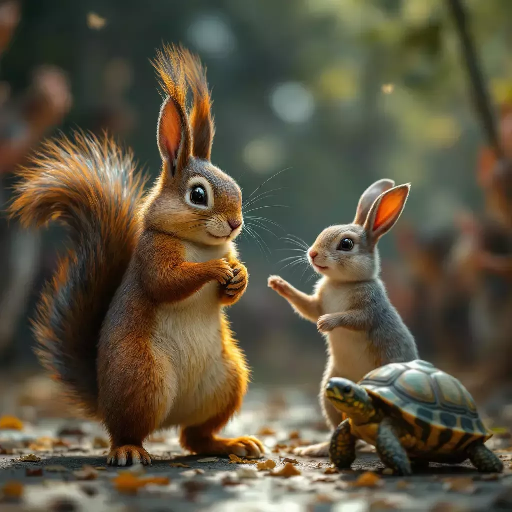 The audience is now grooving, with the squirrel doing a little dance, the rabbit hopping up and down, and the turtle slowly nodding its head to the beat.