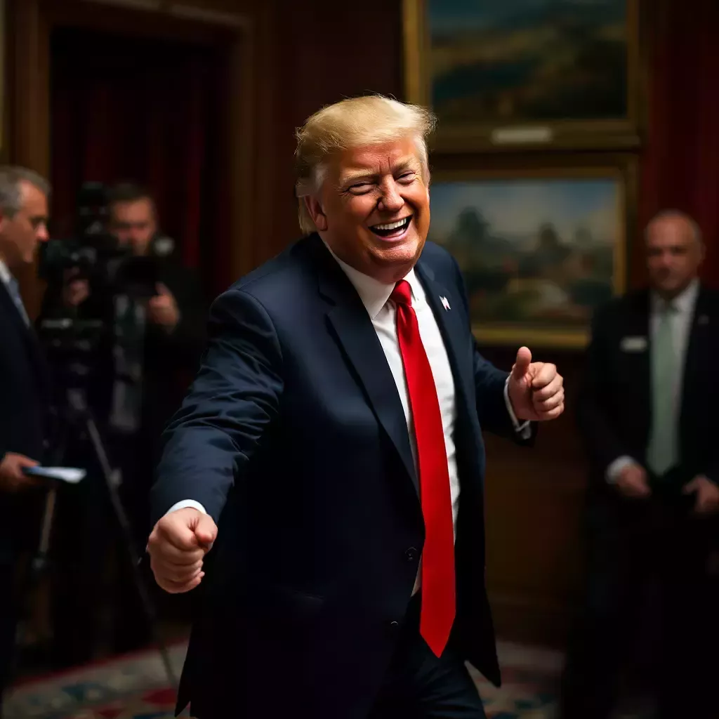 A side view of the room shows a TV crew filming the dance and reporters taking notes. Trump transitions into a clumsy moonwalk, his face beaming with pride.