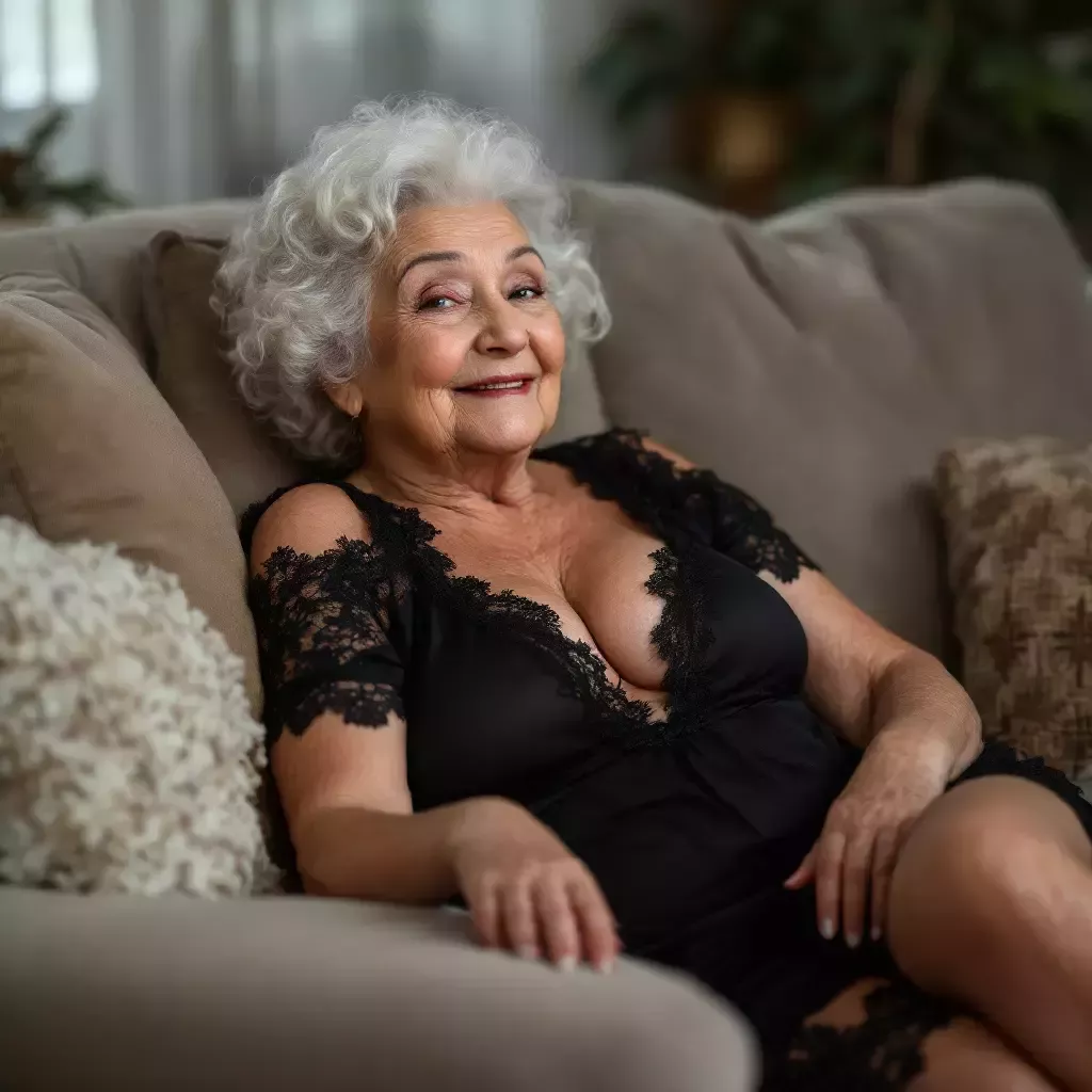 Granny Gladys dressed up in a black lacey nightgown lounging sexy pose on a sofa