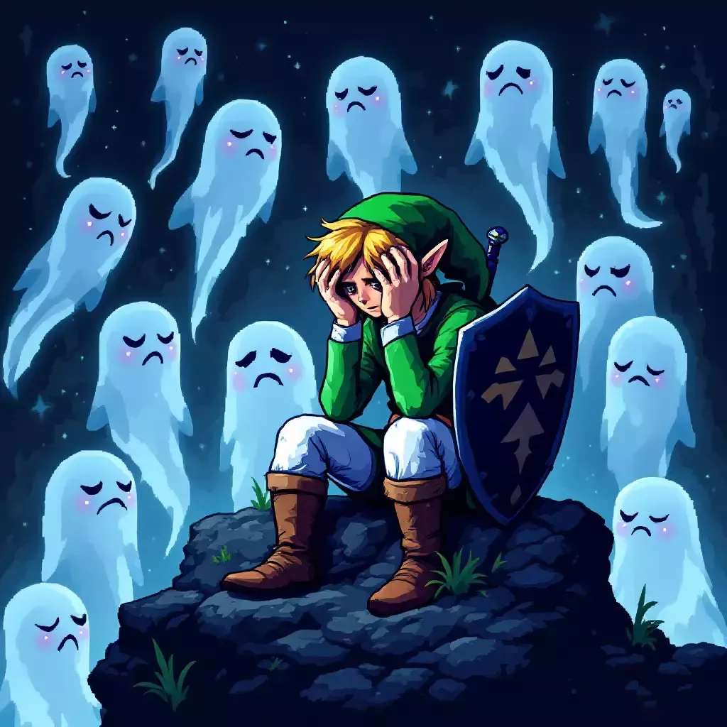 Link is sitting on a rock, holding his head in his hands, surrounded by the ghosts of the animals he's slain. They are translucent, with sad eyes and heavy hearts.