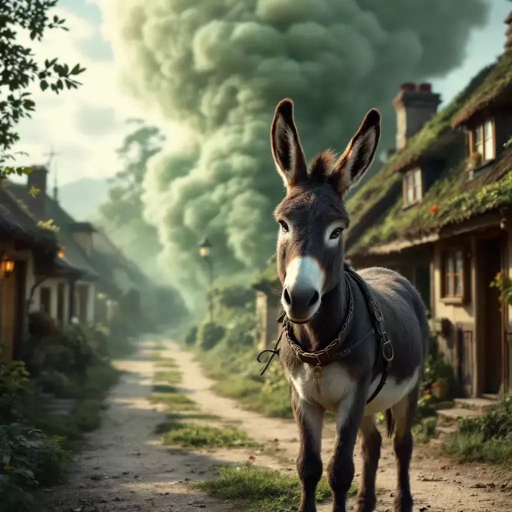 A small village with charming cottages. Duncan, the donkey, stands in the center street. A visible green cloud of stink surrounds him.