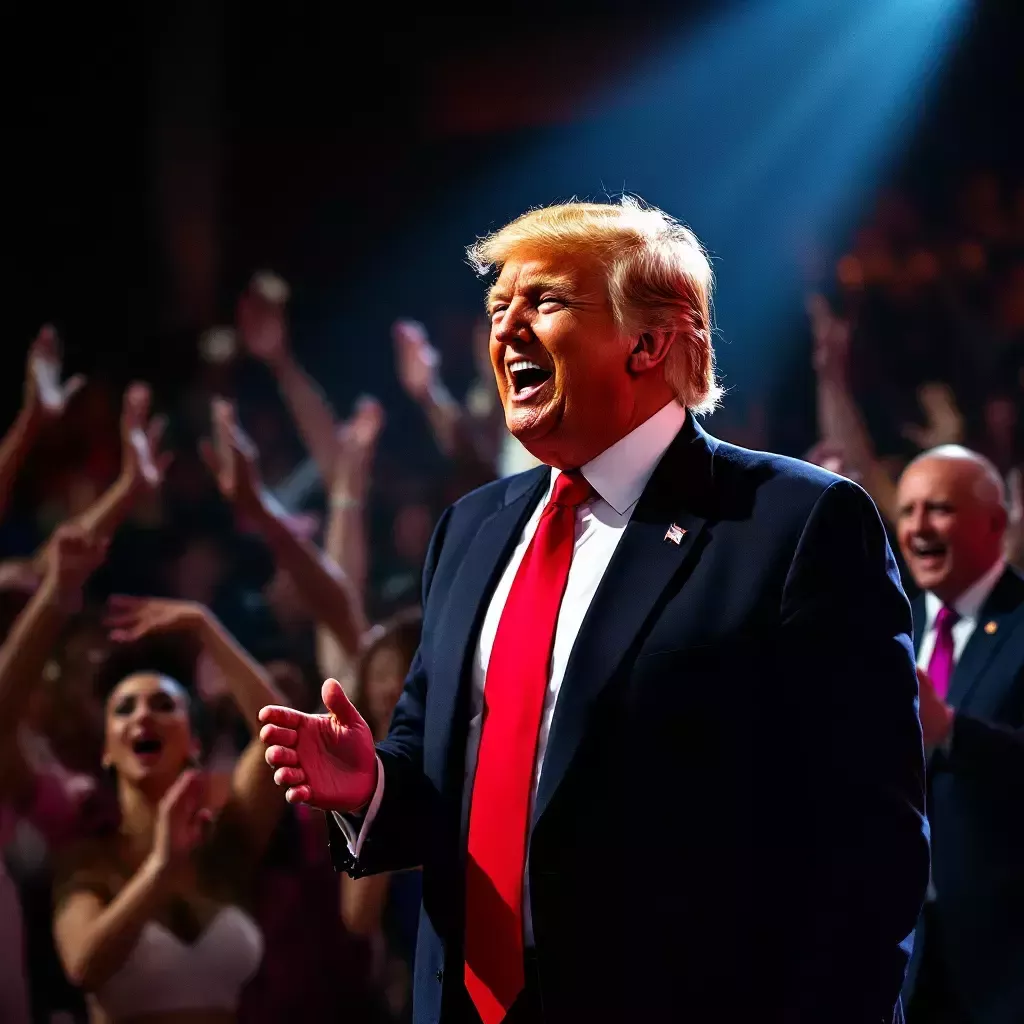 The final frame shows Trump receiving a standing ovation from an unexpected group of supporters, a dance troupe, who shout praises.