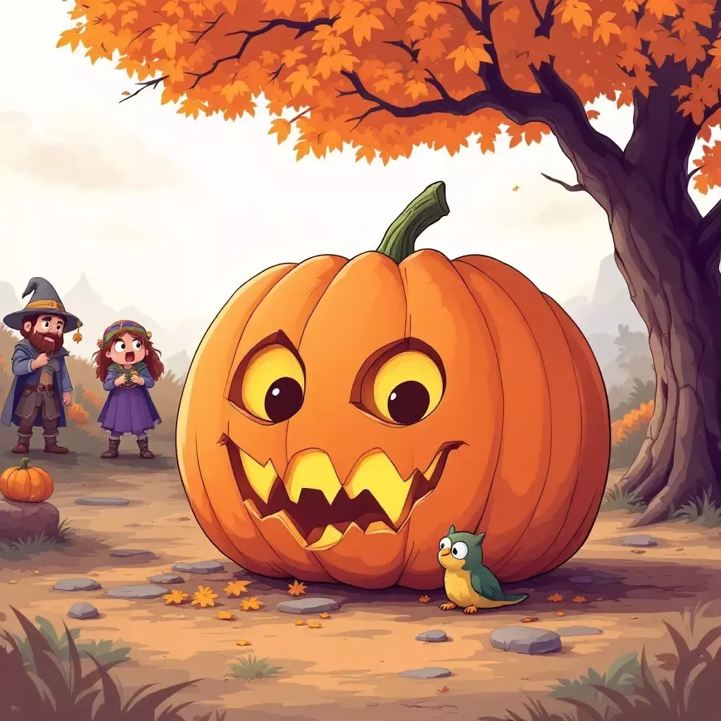 The pumpkin now has an animated expression, with eyes and a mouth. The villagers are gaping at it in disbelief.