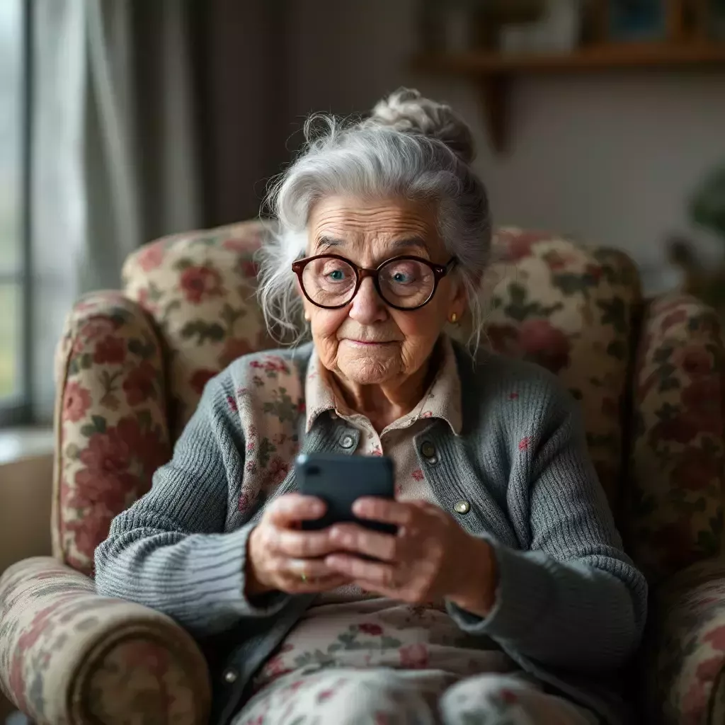 A cozy living room with Granny Gladys sitting on a floral-patterned couch. She's holding a smartphone with a puzzled expression. 