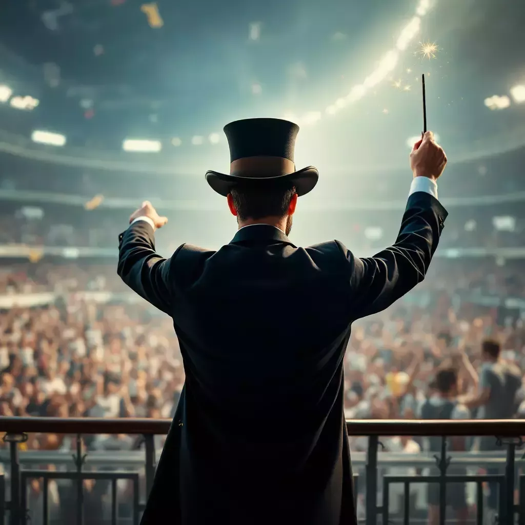 A bustling sports arena with fans cheering in the background. The commentator, Max, stands in the commentary box with a wand in hand, wearing a magician's hat.