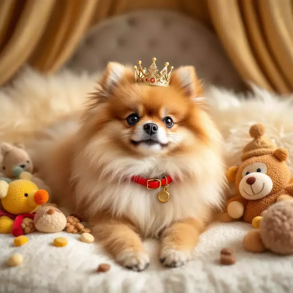 Max lounges in a luxurious dog bed surrounded by toys, treats, and a tiny crown on his head. He looks content and regal.