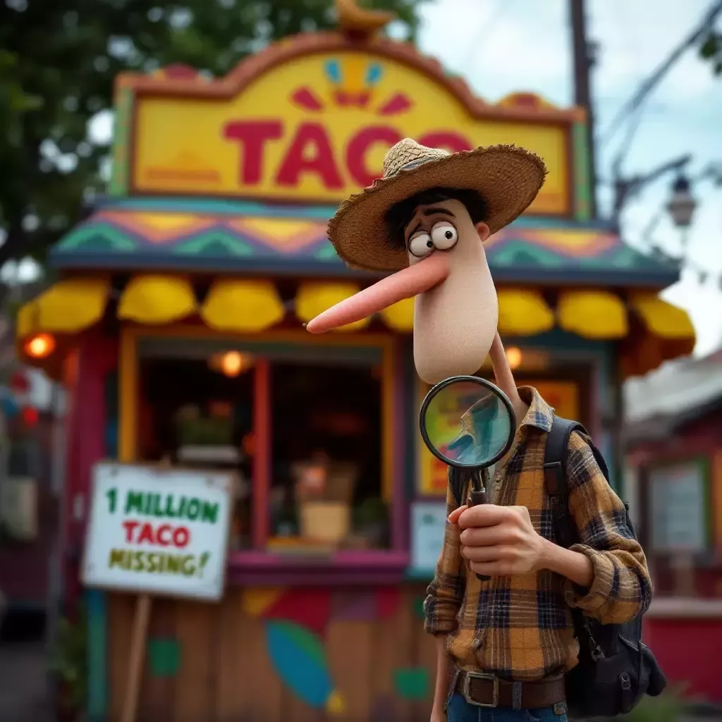 Jerry, a lanky villager with a long nose, stands in front of a colorful taco stand, holding a magnifying glass. The stand has a sign that reads '1 Million Dollar Taco Missing!'