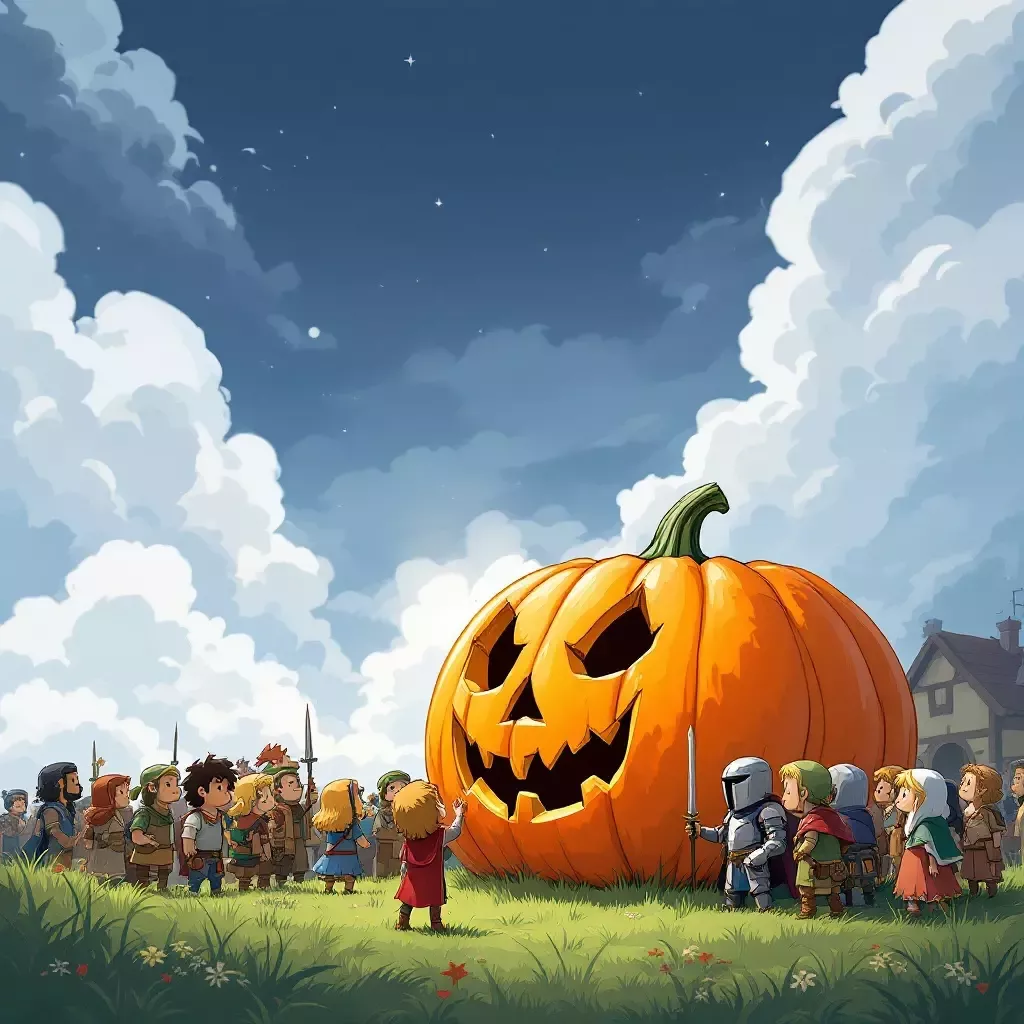 More villagers gather around, including a curious knight in armor. The pumpkin looks poised as if it's about to deliver a prophecy.