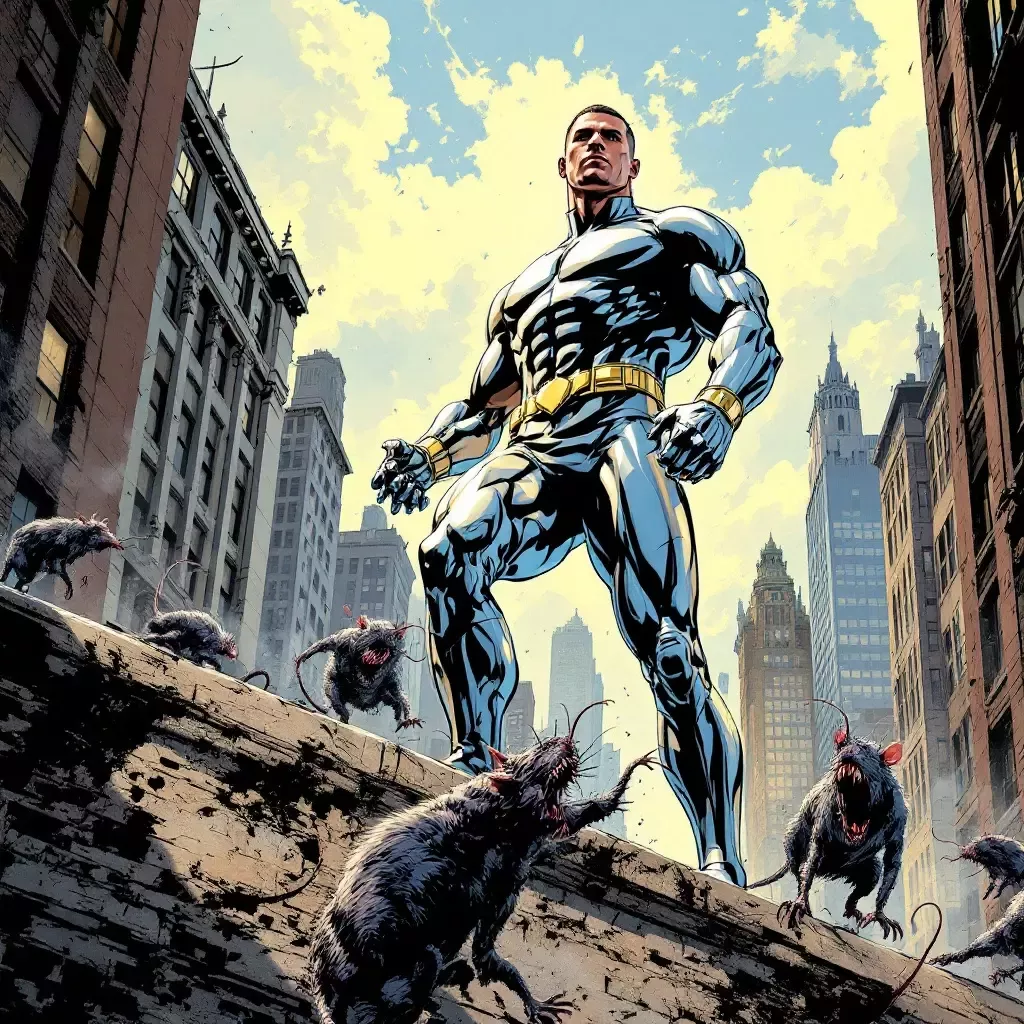 Captain Jared stands heroically on a rooftop, his shiny costume reflecting the sunlight. Below, the city is in chaos as mutant rats scurry around.