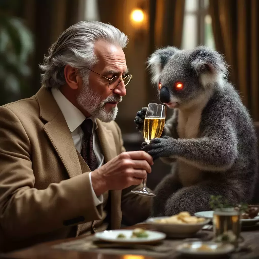 The koala is now holding the rich man's champagne glass, sipping it nonchalantly, as the rich man looks on in disbelief.