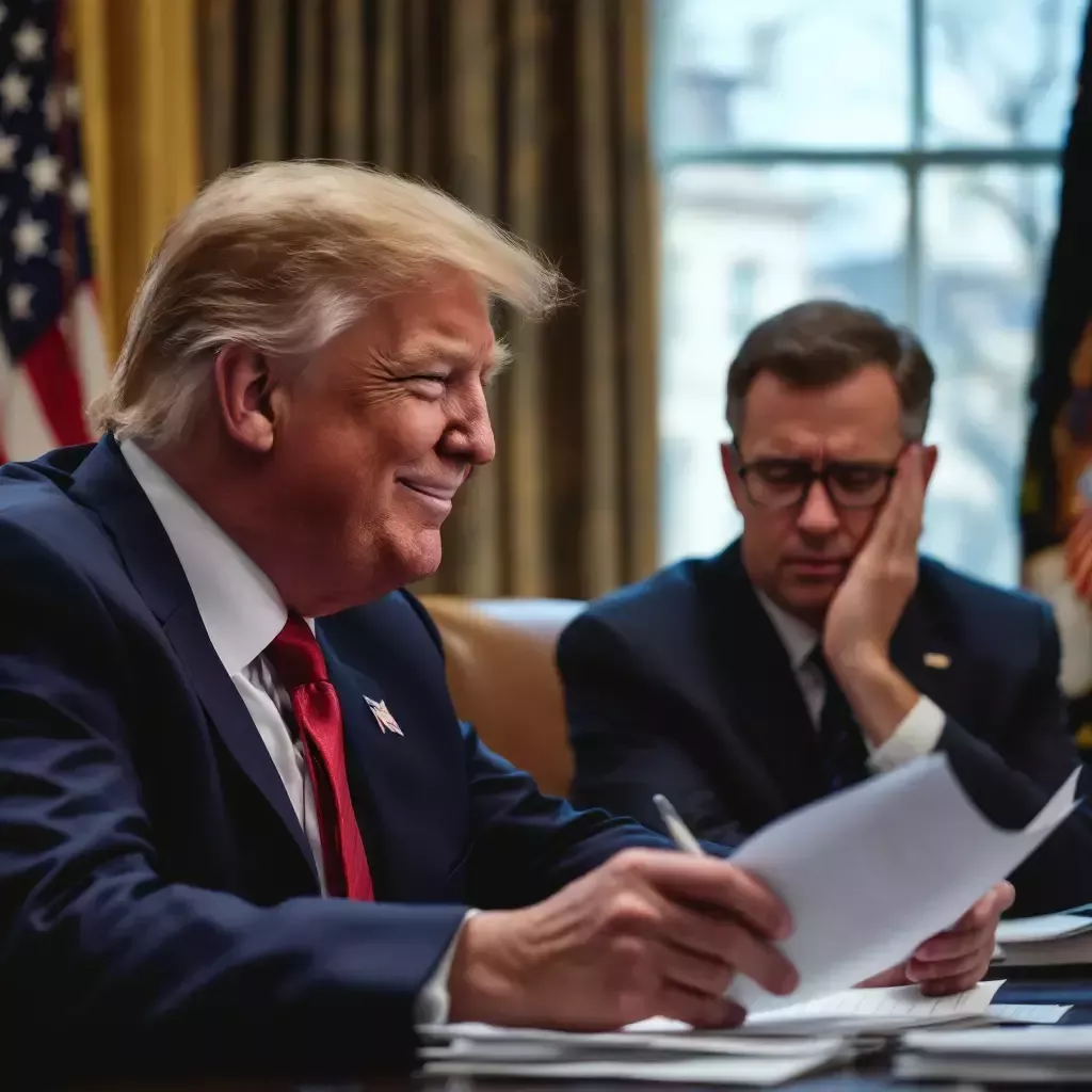 Final panel, Trump, chuckling to himself, is looking at a media headline that reads "Senate Votes in Undie-vided Decision." An aide facepalms in the background.